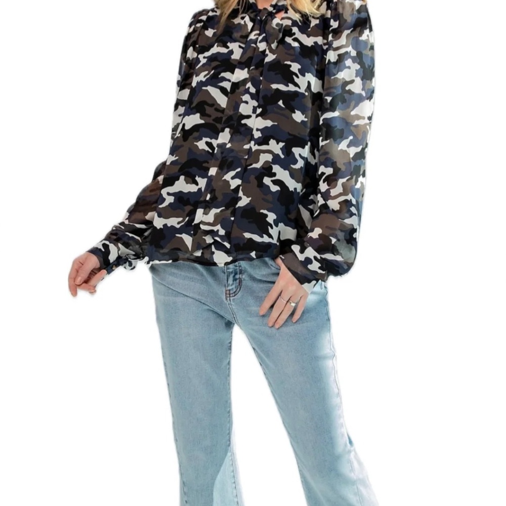 New easel Boho LA Camouflage Printed Chiffon Blouse Top Shirt Neck Tie - Picture 3 of 3